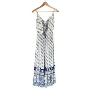 Me 2 Magic Anthropologie Boho Maxi Dress Embroidered Blue White Women's Size S